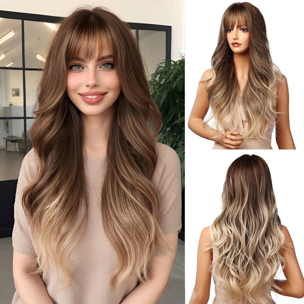 Esmee Ombre Brown to Blonde Wigs 24 Long Synthetic Wig with High Density Natural Headline Heat Permanent Hair Wigs for Women