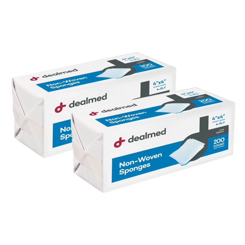 Dealmed Non-Woven Gauze Sponges - 4-Ply, 4 x 4 All-Purpose Non-Sterile Absorbent Dental Gauze Wound Care for First Aid Kit/Medical Facilities, 200 Count (Pack of 2)