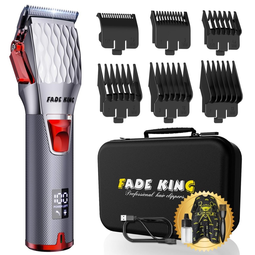 FADEKING Professional Hair Clippers for Men - Cordless Hair Clippers, LCD Display Barber Clippers for Hair Cutting & Mens Grooming with Travel Case(Silver+red)