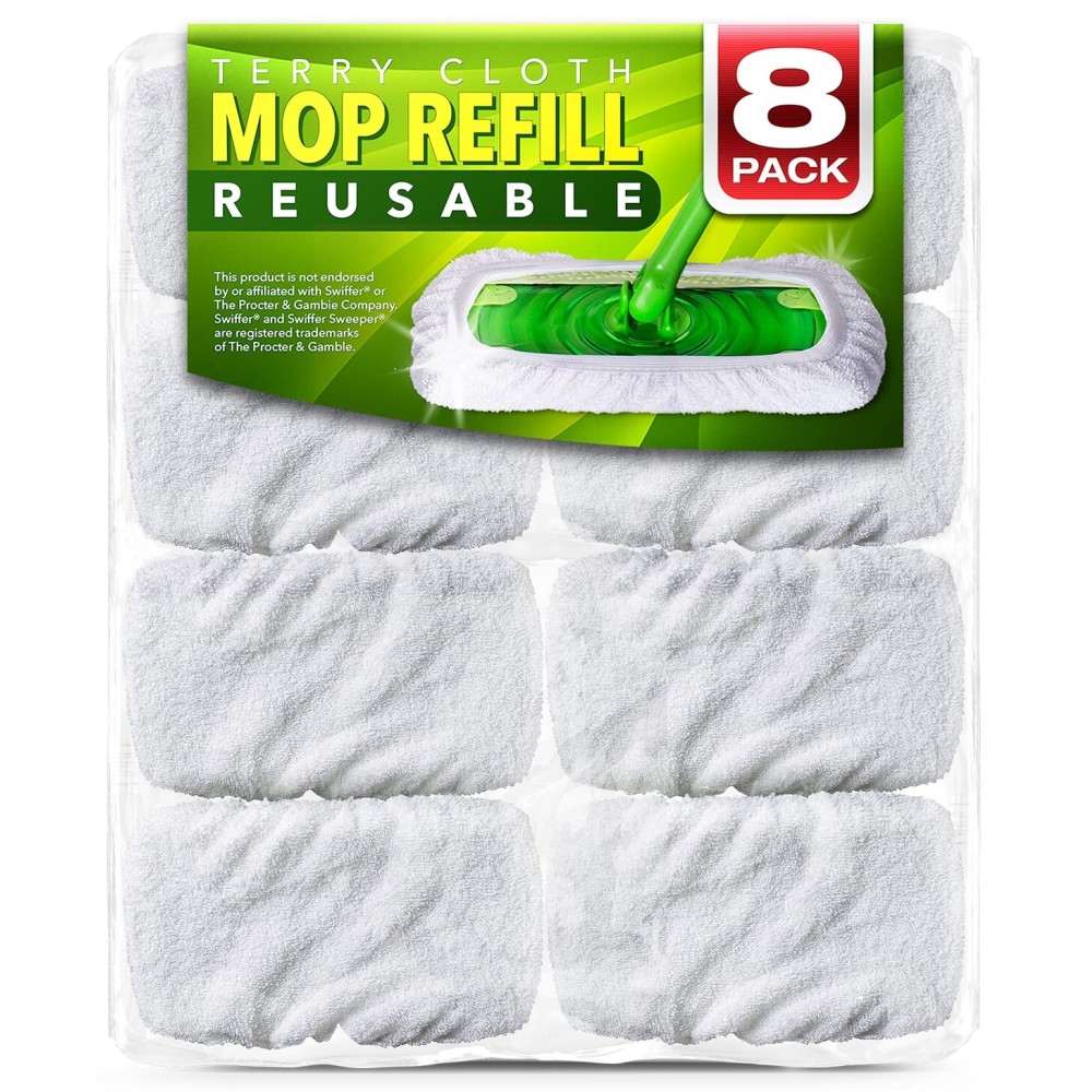 VanDuck Reusable 100% Cotton Mop Pads Compatible with Swiffer Sweeper (8-Pack), Terry Cloth Mop Covers Washable for Wet Mopping and Floor Cleaning (Handle is Not Included)