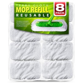VanDuck Reusable 100% Cotton Mop Pads Compatible with Swiffer Sweeper (8-Pack), Terry Cloth Mop Covers Washable for Wet Mopping and Floor Cleaning (Handle is Not Included)
