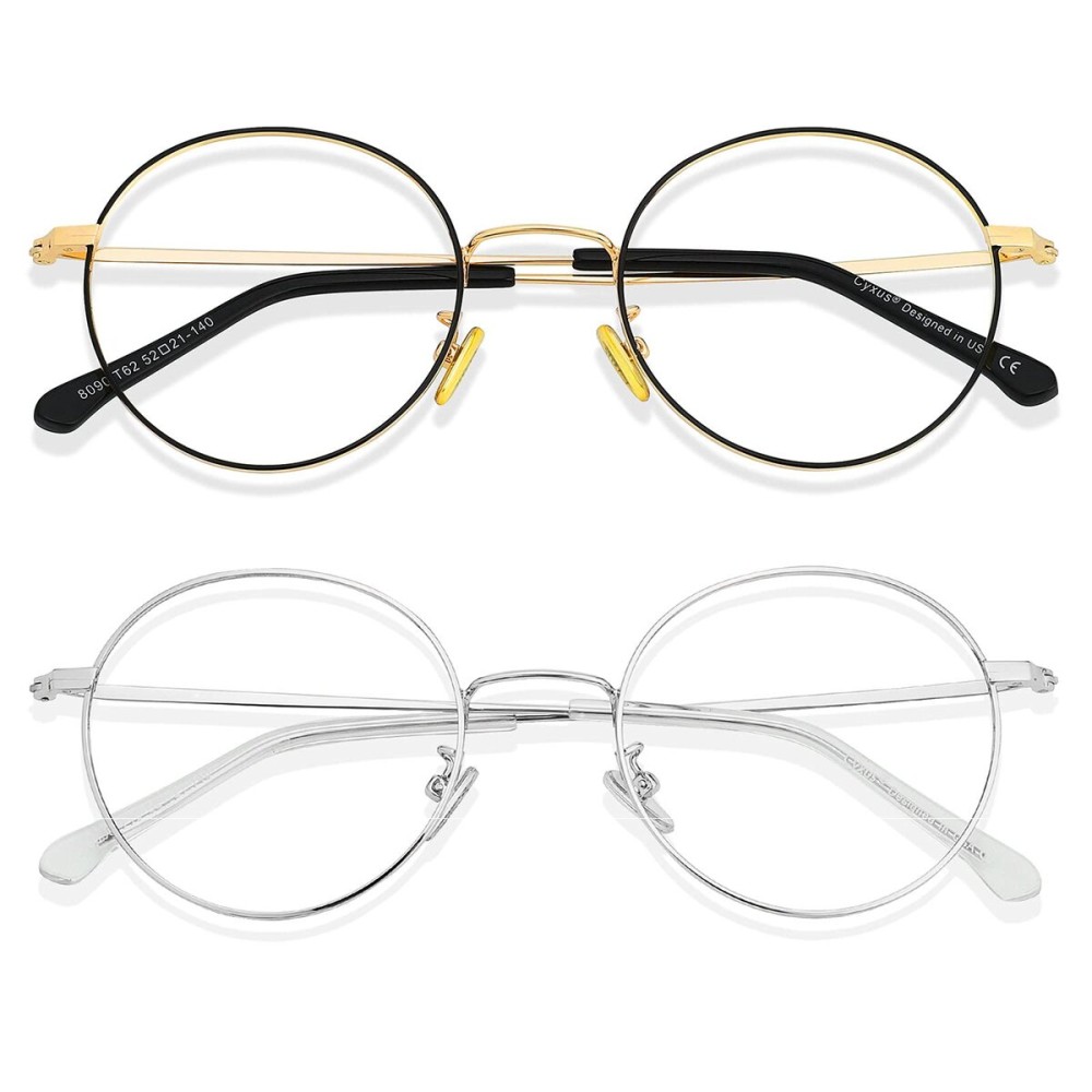 Cyxus Round Blue Light Glasses for Women and Men 2 Pack, Computer Gaming Eyeglasses for Relieve Eye Strain, Gold Silver Metal Frame