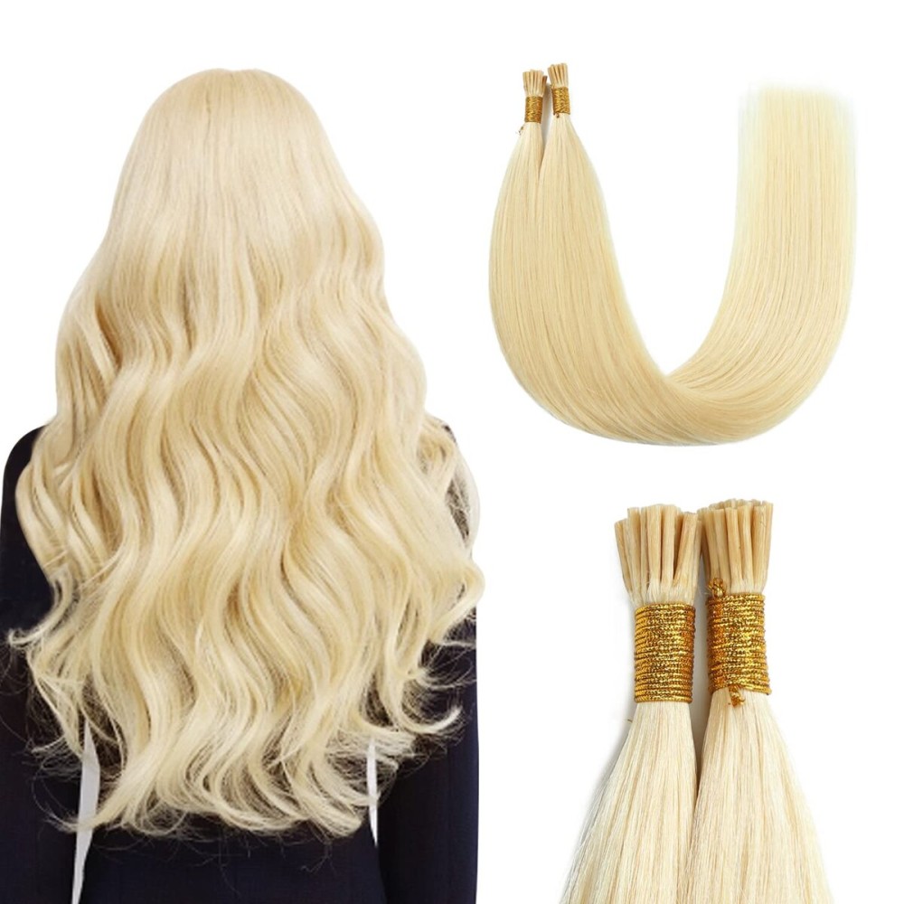 Sunya I Tip Hair Extensions Human Hair Bleach Blonde 50 Grams 50 Strands/Package Pre Bonded Hair Extensions Human Hair Fusion 20 inches Remy Straight Real Human Hair Extensions 613 Bleach Blonde