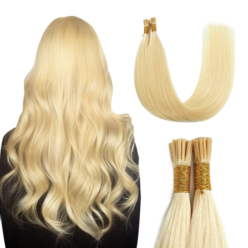 Sunya I Tip Hair Extensions Human Hair 50 Grams 50 Strands/Package Bleach Blonde Pre Bonded Keratin Hair Extensions Fusion 22 inches Remy Straight Stick Tip Real Human Hair 613