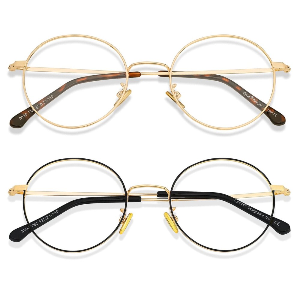 Cyxus Round Blue Light Glasses 2 Pack, Metal Frame Computer Gaming Eyeglasses for Relieve Eye Strain, Black & Gold