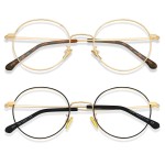 Cyxus Round Blue Light Glasses 2 Pack, Metal Frame Computer Gaming Eyeglasses for Relieve Eye Strain, Black & Gold