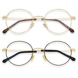 Cyxus Round Blue Light Glasses 2 Pack, Metal Frame Computer Gaming Eyeglasses for Relieve Eye Strain, Black & Gold