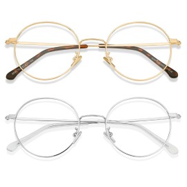 Cyxus 2 Pack Blue Light Blocking Glasses Women Men, Pan-to Style 70s Retro Looks Vintage Round Wire Eyeglasses Business Computer Use Silver Gold