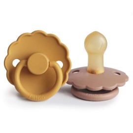 FRIGG Daisy Natural Rubber Baby Pacifier | Made in Denmark | BPA-Free (Rose Gold/Honey Gold, 0-6 Months) 2-Pack