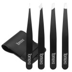 Tomata Tweezers for Eyebrows, 4-piece Slant Tip and Pointed Eyebrow Tweezer Set Great Precision for Eyebrows Facial Hair, Ingrown Hair, Splinter, Blackhead and Tick Remover (Black)