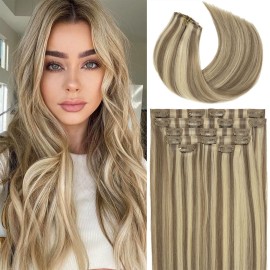 Lacer Hair Seamless Clip in Hair Extensions Human Hair Highlight Color Light Brown with Platinum Blonde 7pcs Invisible PU Skin Weft Straight Natural Remy Hair Extensions Clip in for Women 20 Inch