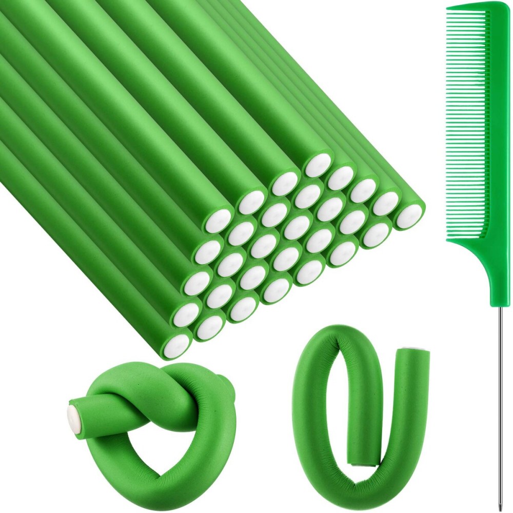 Syhood 30 Pcs Flexible Curling Rods 9.45 Twist Foam Rollers Soft Foam No Heat Hair Rods Rollers and 1 Steel Pintail Comb Rat Tail Comb for Women Long Short Hair(Green,9.45 x 0.79 Inch)