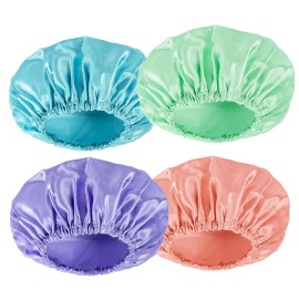 AmazerBath Shower Cap, 4 PCS Shower Caps for Women Reusable Waterproof, Double Layers Hair Cap for Shower, Elastic and Flexi Bath Caps, Environmental Protection Bathing Hat for Adult, Large Size