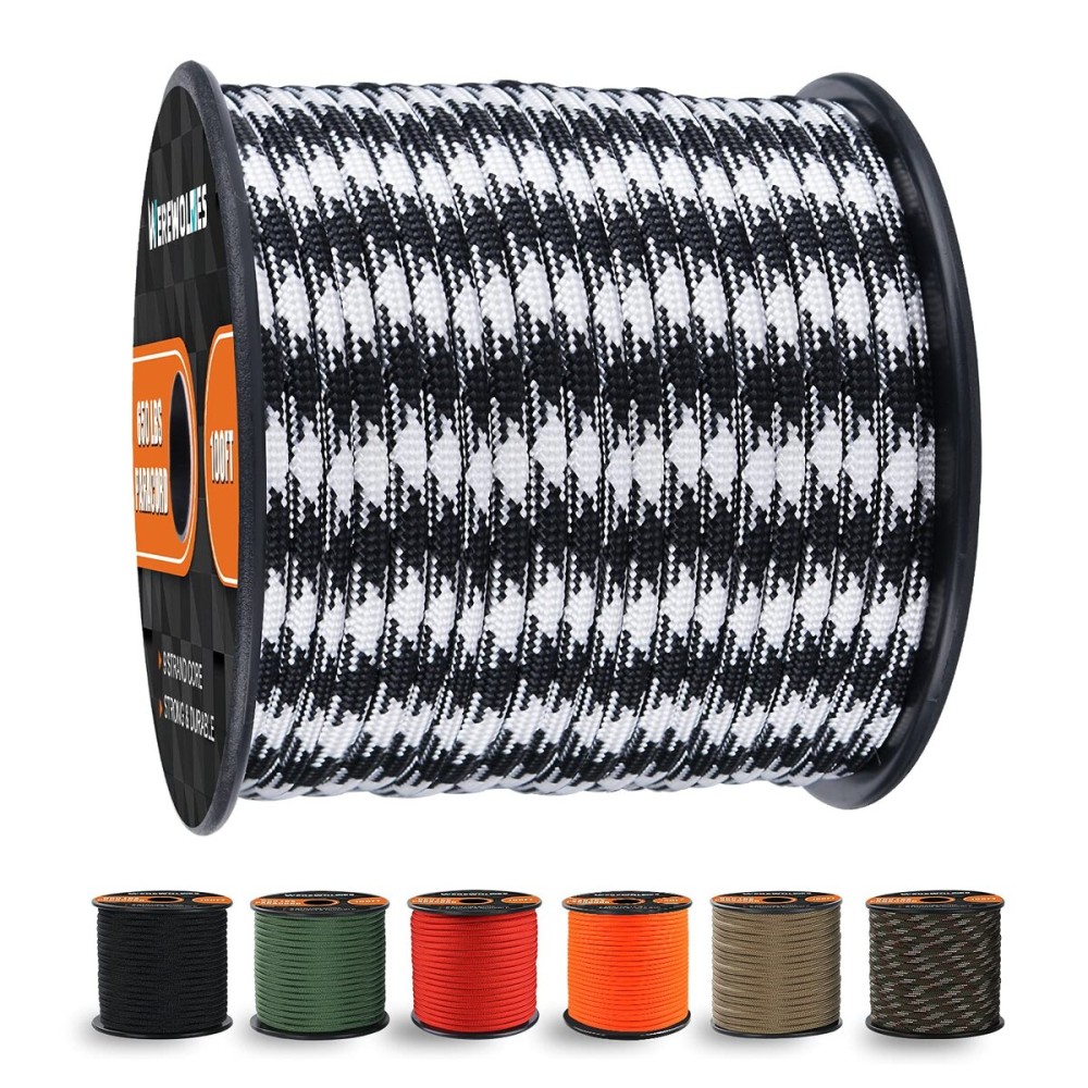 WEREWOLVES 650lb Paracord/Parachute Cord - 9 Strand Paracord Rope - 100\', 200\' Spools of Parachute Cord, Type III Paracord for Camping, Survival (Black White Camo, 100 Feet)
