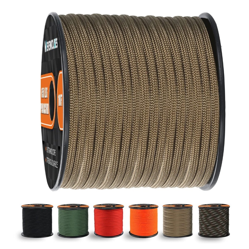 WEREWOLVES 650lb Paracord/Parachute Cord - 9 Strand Paracord Rope - 100\', 200\' Spools of Parachute Cord, Type III Paracord for Camping, Survival (Coyote Brown, 200 Feet)
