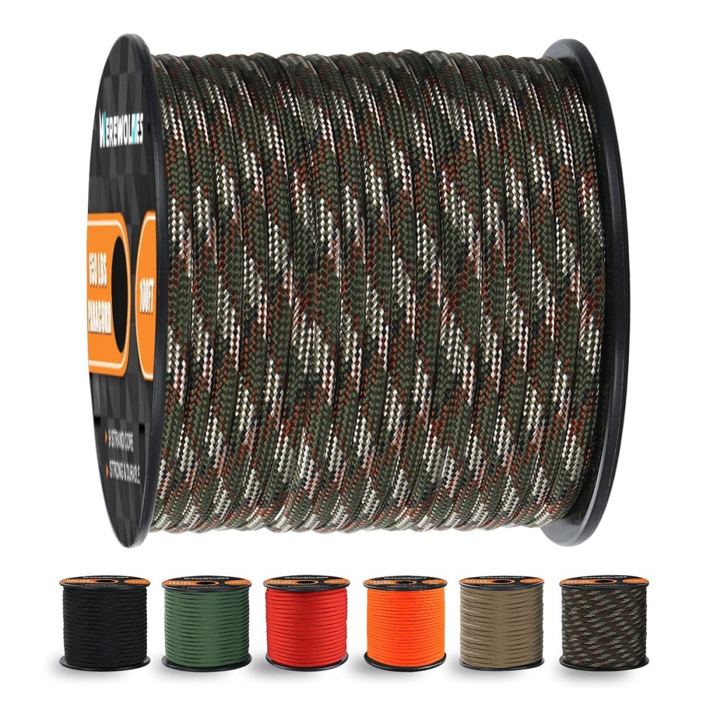 WEREWOLVES 650lb Paracord/Parachute Cord - 9 Strand Paracord Rope - 100\', 200\' Spools of Parachute Cord, Type III Paracord for Camping, Survival (Forest Camo, 200 Feet)