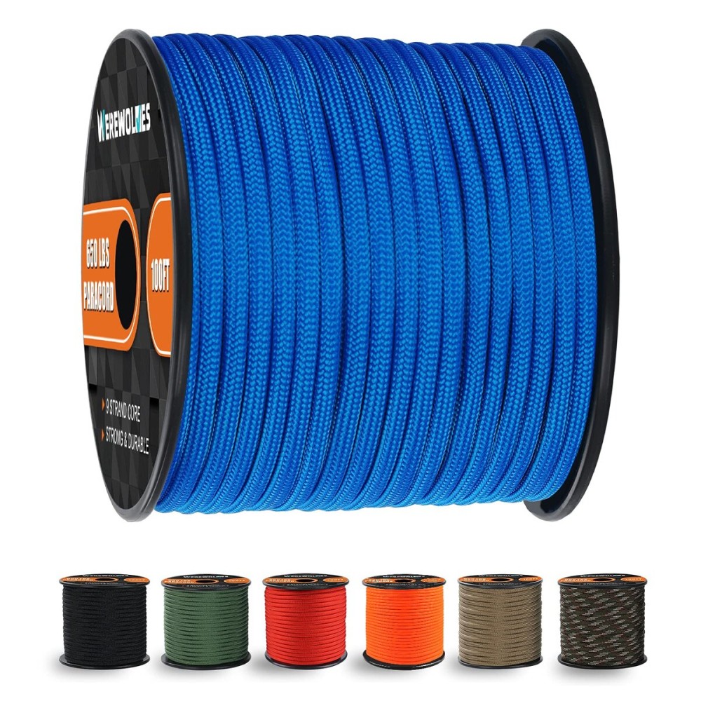 WEREWOLVES 650lb Paracord/Parachute Cord - 9 Strand Paracord Rope - 100\', 200\' Spools of Parachute Cord, Type III Paracord for Camping, Survival (Blue, 100 Feet)