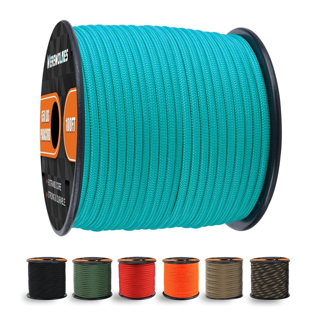 WEREWOLVES 650lb Paracord/Parachute Cord - 9 Strand Paracord Rope - 100\', 200\' Spools of Parachute Cord, Type III Paracord for Camping, Survival (Lake Blue, 100 Feet)