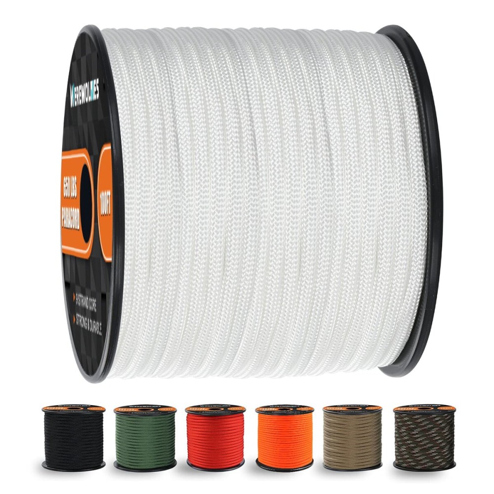 WEREWOLVES 650lb Paracord/Parachute Cord - 9 Strand Paracord Rope - 100\', 200\' Spools of Parachute Cord, Type III Paracord for Camping, Survival (White, 100 Feet)