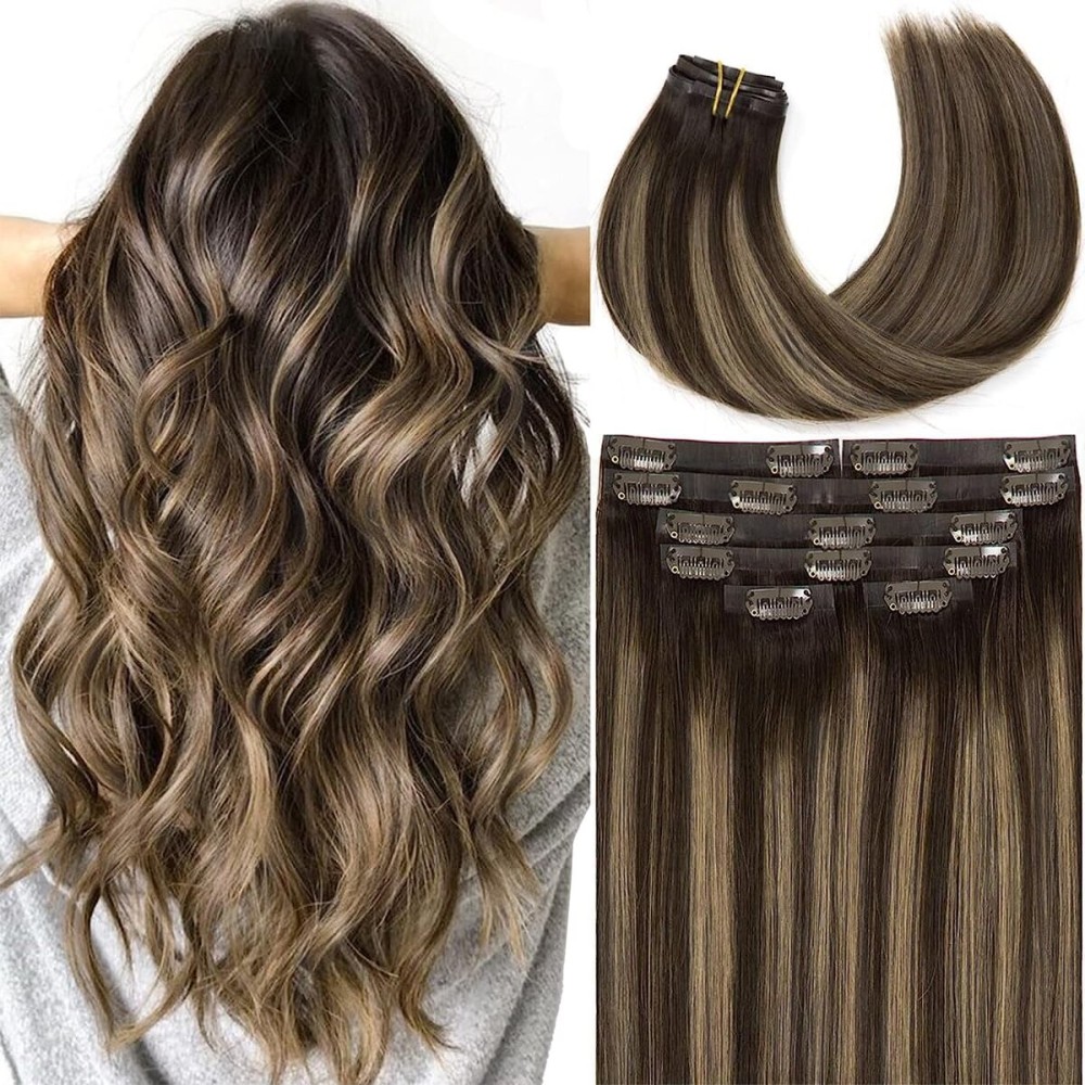 Lacer Hair Extensions Clip in Human Hair Chestnut Brown Mixed Dark Brown with Dark Brown Roots Color Ultra Thin PU Weft Seamless Extensions Clip in Human Hair R2-2/6 110g 7pcs 14 Inch