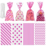 Aneco 100 Pack Pink Cellophane Bags 10.6 x 5.1 Inch Plastic Candy Bags Gift Bags Goodie Bags with Twist Ties for Valentine, Birthday, Gift Cookie Snack Packing Party Favor Supplies
