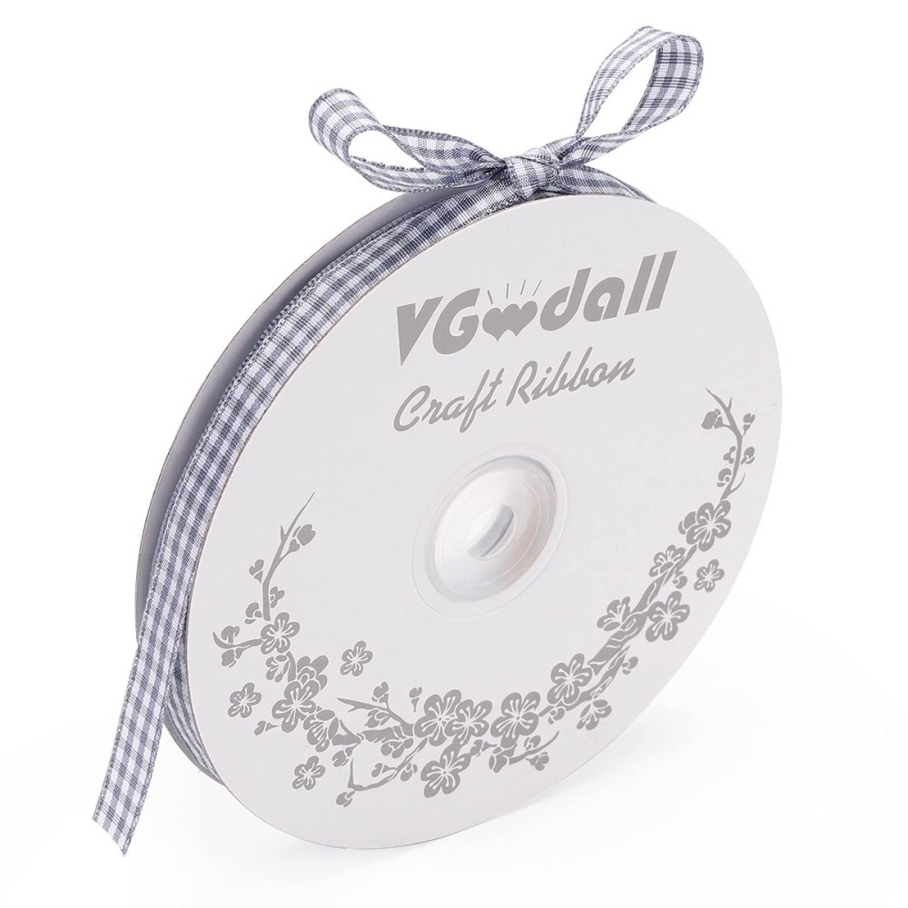 VGoodall Dark Grey Gingham Ribbon, 3/8 x 50Yd Picnic Craft Ribbon Dark Grey Ribbons for Hair Accessories Craft and Gift Wrapping