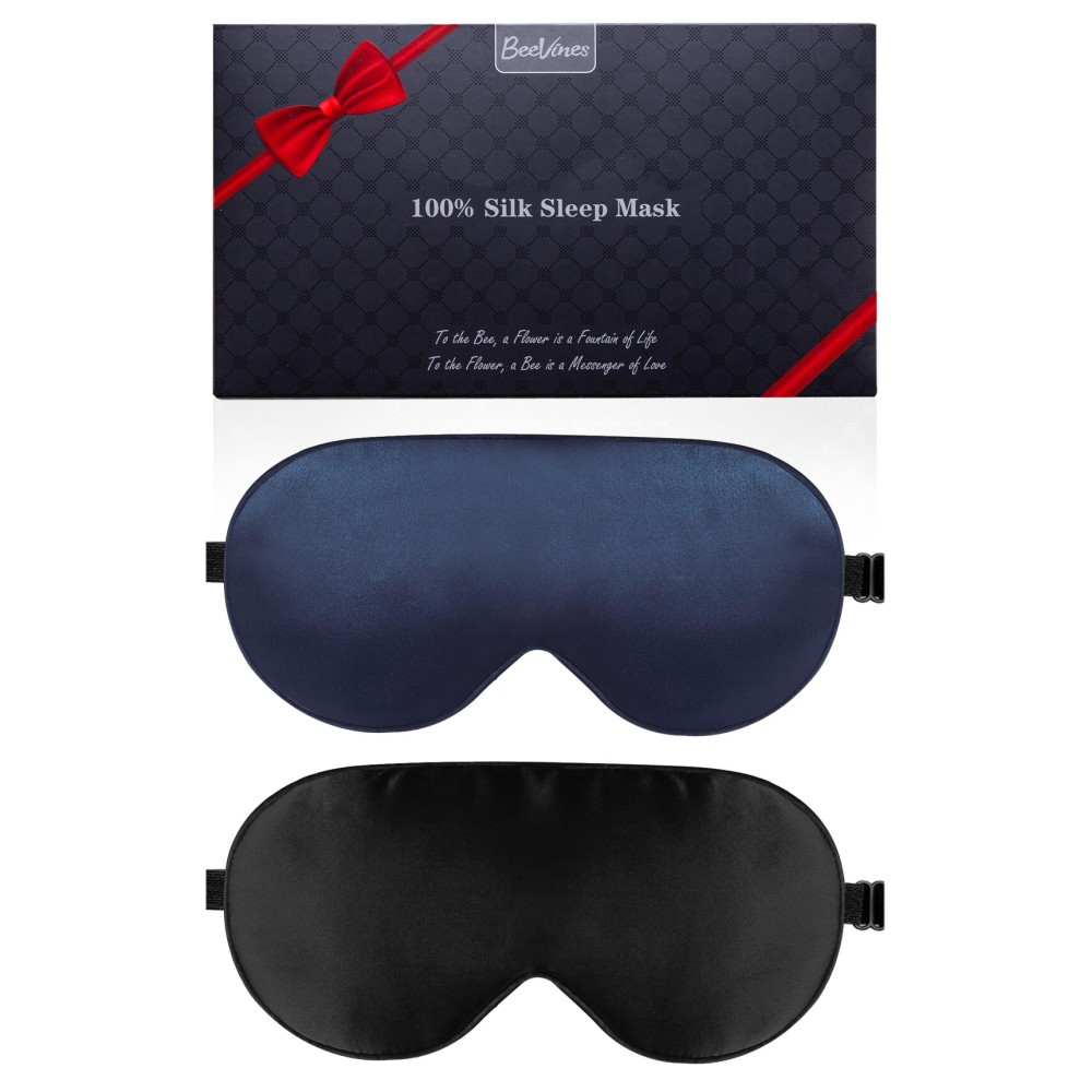 BeeVines 100% Real Mulberry Silk 2 Pack Sleep Mask, Pure Silk Eye Masks with Adjustable Strap for Sleeping, 100% Block Light Eye Sleep Shade Cover, Reduces Puffy Eyes Traveling Gifts(Black & Blue)