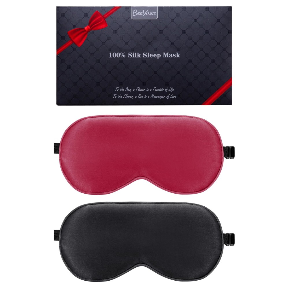 BeeVines 100% Real Mulberry Silk 2 Pack Sleep Mask, Pure Silk Eye Masks with Adjustable Strap for Sleeping, 100% Block Light Eye Shade Cover, Reduces Puffy Eyes Traveling Gifts(Black & Red)