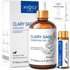 HIQILI Clary Sage Oil Essential, Herbal Sooth Aroma in Diffuse, Meditation, Calming Sleep at Bedtime, Body Massage, Moisturize Skin, DIY Deodorant Spray - 100ML