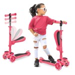 Hurtle 3 Wheeled Scooter for Kids 2-in-1 Sit/Stand Child Toddlers Toy Kick Scooters w/ Flip-out Seat, Adjustable Height, Wide Deck, Flashing Wheel Lights, For Boys/Girls 1 Year Old+ (Watermelon)