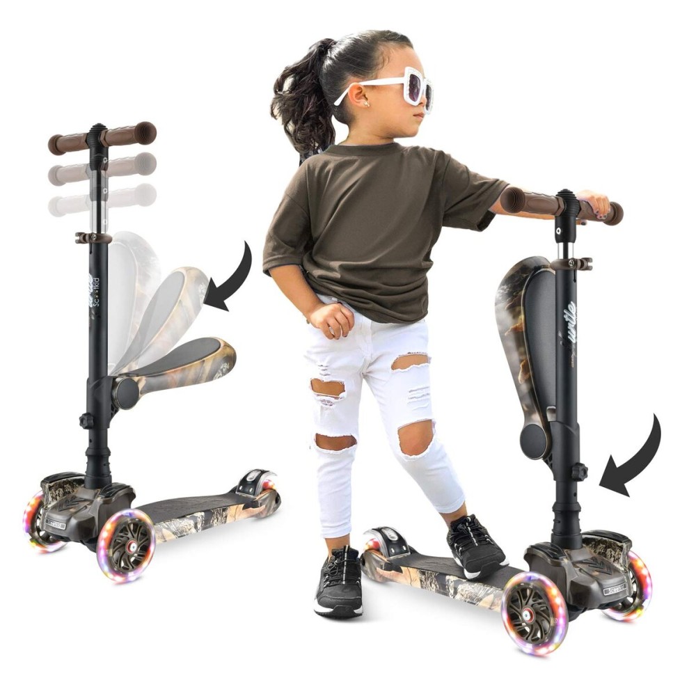 Hurtle 3 Wheeled Scooter for Kids - 2-in-1 Sit/Stand Child Toddlers Toy Kick Scooters w/ Flip-out Seat, Adjustable Height, Wide Deck, Flashing Wheel Lights, For Boys/Girls 1 Year Old+ (Real Tree)