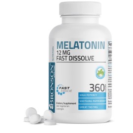 Bronson Melatonin 12mg Fast Dissolve Nighttime Sleep Aid Support & Relaxation Support, 360 Peppermint Vegetarian Lozenges