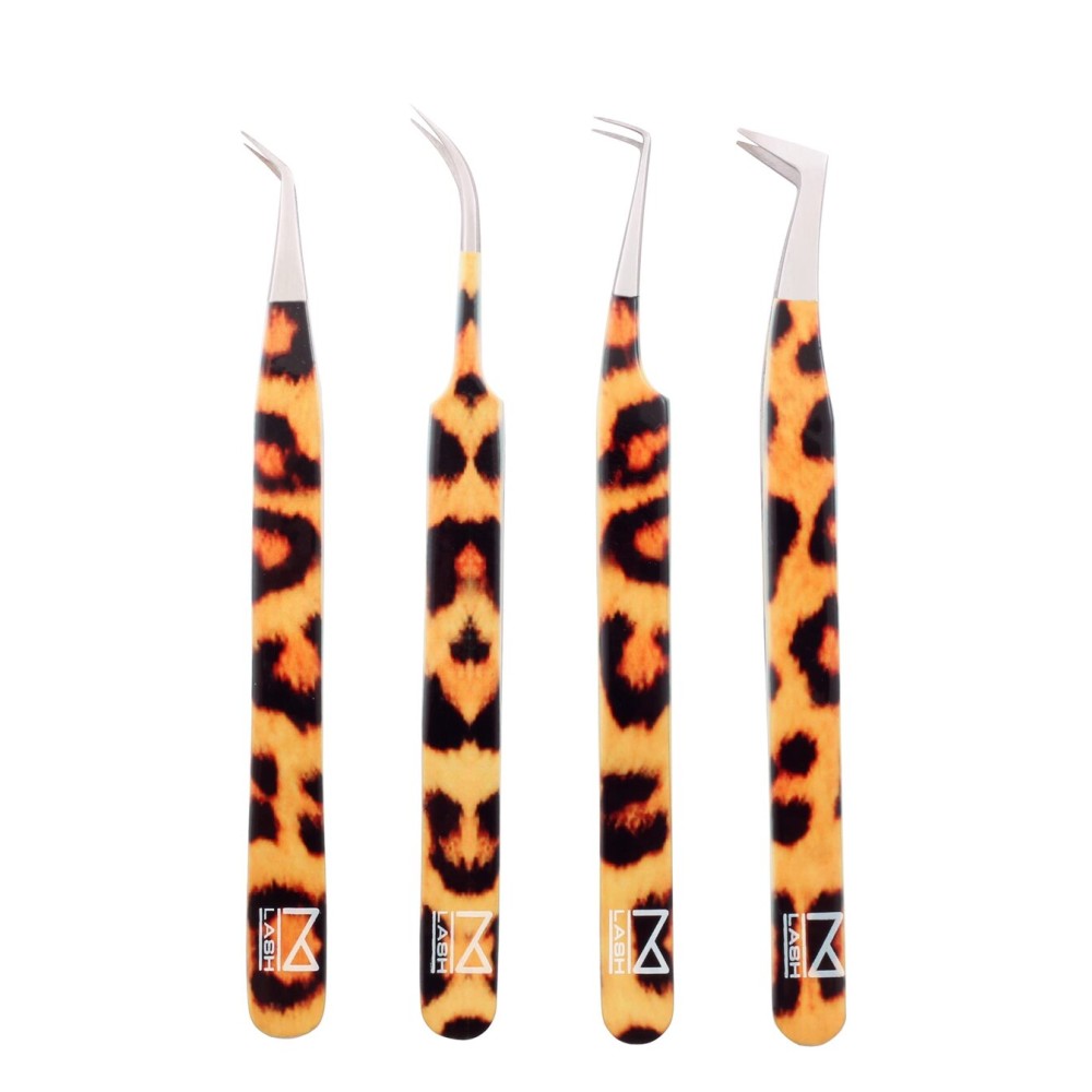 M LASH Tweezers for Eyelash Extensions (Set of 4) - Professional Lash Extension Tweezers - Fiber Tip, Japanese Steel, Diamond Grip Eyelash Extension Tweezer set (Leopard Prints)