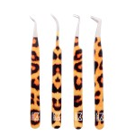 M LASH Tweezers for Eyelash Extensions (Set of 4) - Professional Lash Extension Tweezers - Fiber Tip, Japanese Steel, Diamond Grip Eyelash Extension Tweezer set (Leopard Prints)