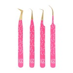 M LASH Tweezers for Eyelash Extensions (Set of 4) - Professional Lash Extension Tweezers - Fiber Tip, Japanese Steel, Diamond Grip Eyelash Extension Tweezer set (PW)