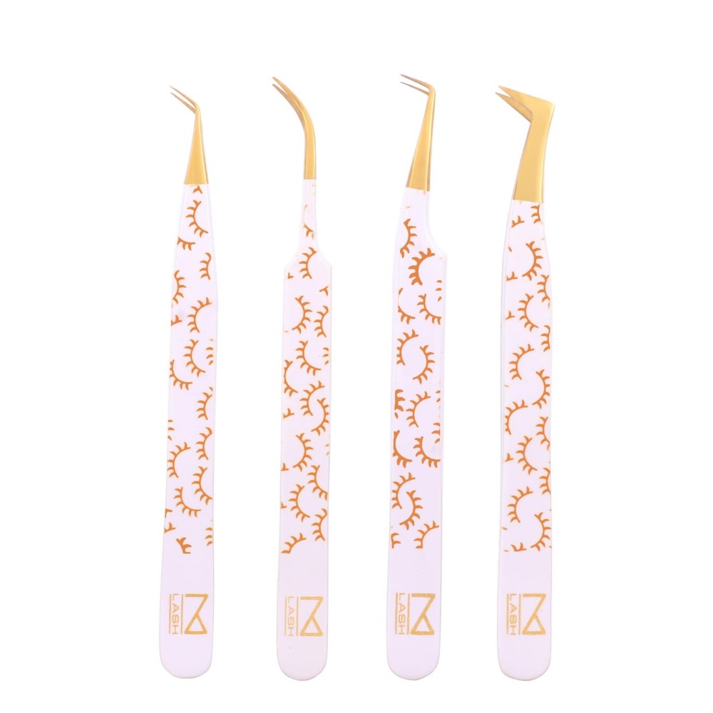 M LASH Tweezers for Eyelash Extensions (Set of 4) - Professional Lash Extension Tweezers - Fiber Tip, Japanese Steel, Diamond Grip Eyelash Extension Tweezer set (H-SET)