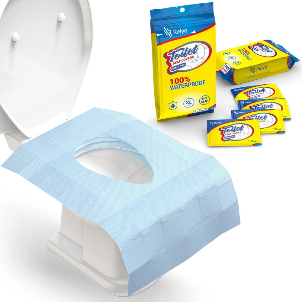 Relyo 20 Pack XL Disposable Toilet Seat Covers - Waterproof Toilet Cover Sheets with Adhesive Tabs for Adults, Kids & Toddlers, Travel, Public Restrooms, Airplane, Camping