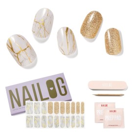 NAILOG Semi Cured Gel Nail Strips (20 Extra Long Polish Stickers/Wraps)  Glossy & Long Lasting Soft Gel Finishing (White Marble)