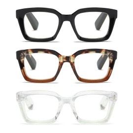 ZXYOO 3 Pack Oversize Square Design Reading Glasses for Women, Blue Light Blocking Reader