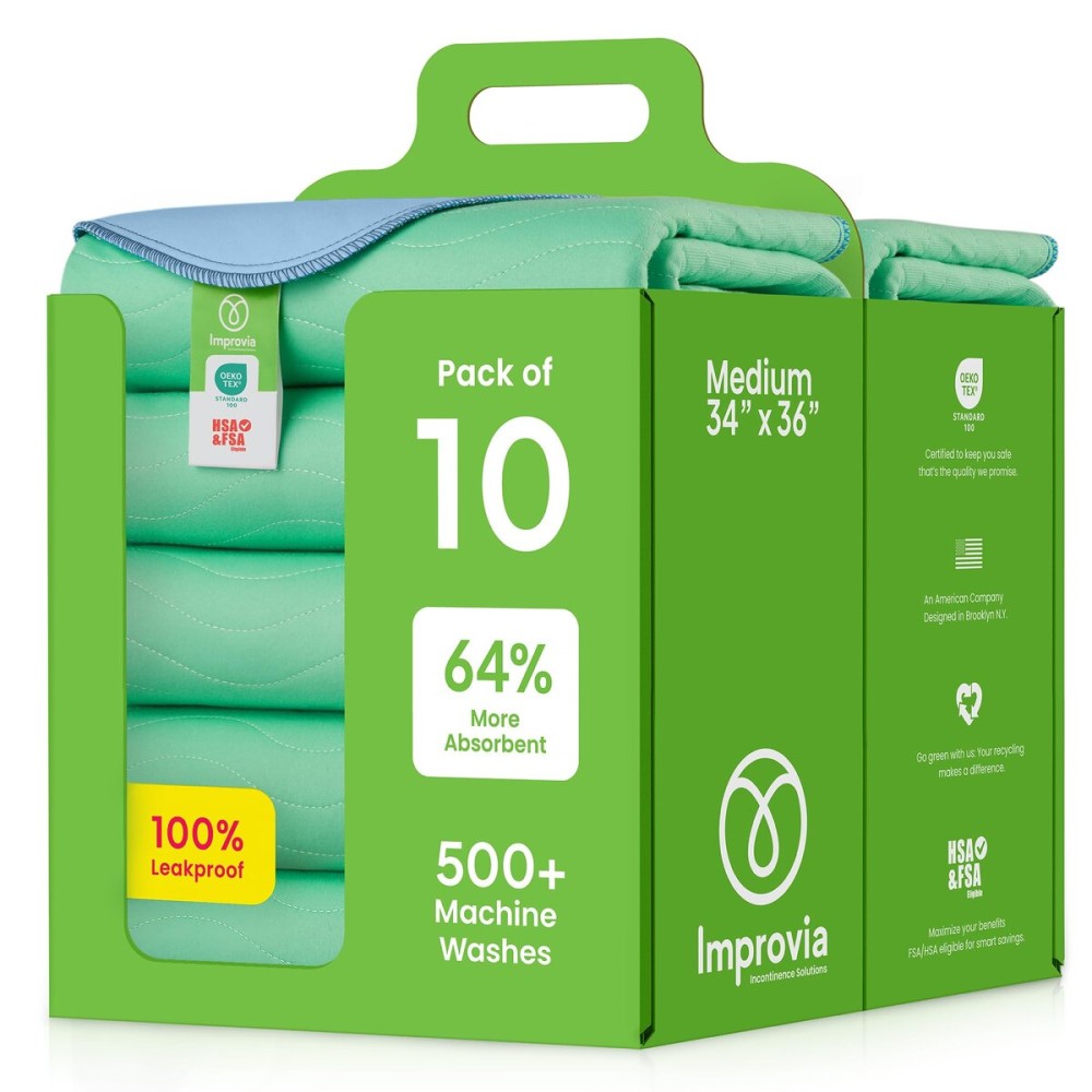 IMPROVIA Washable Underpads, 34 x 36 (Pack of 10) - Heavy Absorbency Reusable Bedwetting Incontinence Pads for Kids, Adults, Elderly, and Pets Waterproof Protective Pad for Bed, Couch, Sofa, Floor