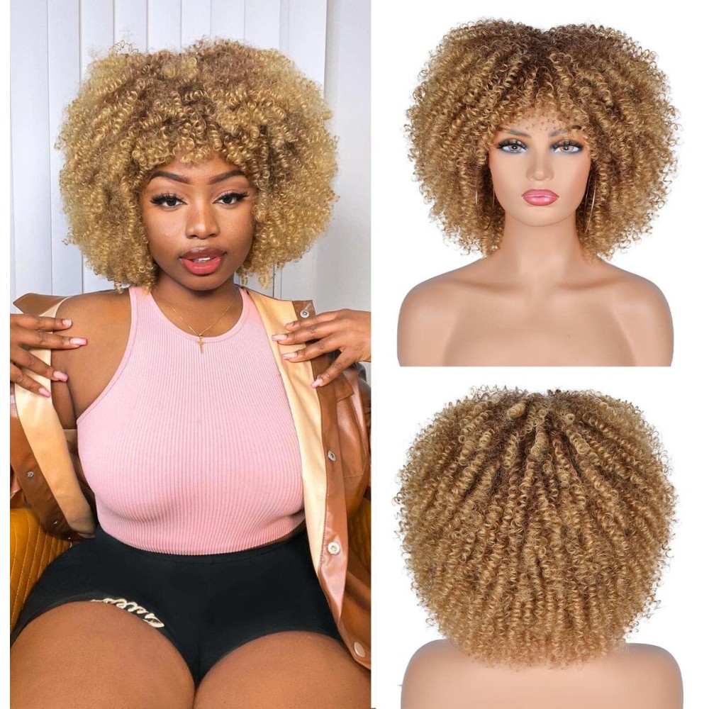 ANNISOUL Curly Wigs for Black Women Afro Bomb Curly Wig with Bangs Synthetic Fiber Glueless Long Kinky Curly Hair Ombre Blonde 10inch