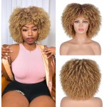 ANNISOUL Curly Wigs for Black Women Afro Bomb Curly Wig with Bangs Synthetic Fiber Glueless Long Kinky Curly Hair Ombre Blonde 10inch