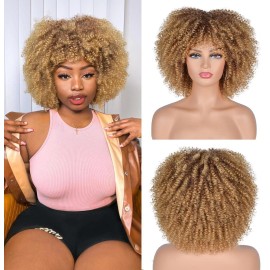 ANNISOUL Curly Wigs for Black Women Afro Bomb Curly Wig with Bangs Synthetic Fiber Glueless Long Kinky Curly Hair Ombre Blonde 10inch