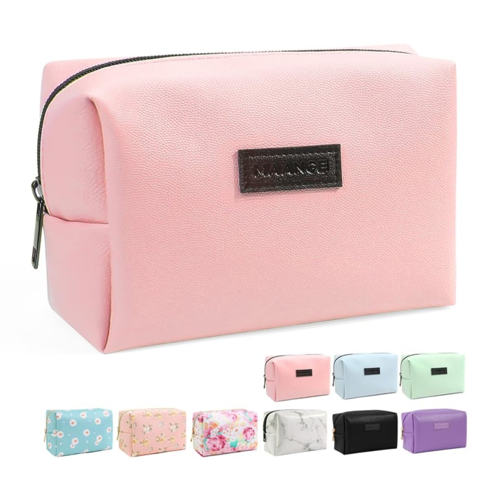 MAANGE Small Makeup Bag For Purse, Travel Cosmetic Bag Makeup Pouch PU Leather Portable Versatile Zipper Pouch For Women (Pink)