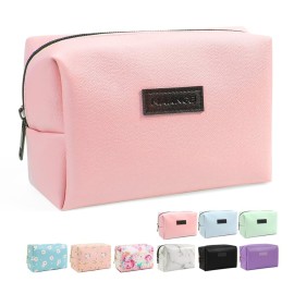 MAANGE Small Makeup Bag For Purse, Travel Cosmetic Bag Makeup Pouch PU Leather Portable Versatile Zipper Pouch For Women (Pink)