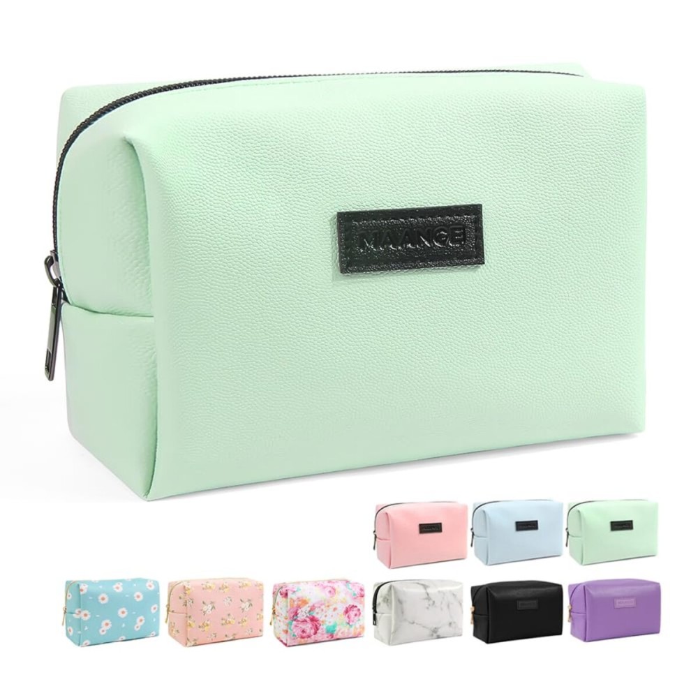 MAANGE Small Makeup Bag For Purse, Travel Cosmetic Bag Makeup Pouch PU Leather Portable Versatile Zipper Pouch For Women (Green)