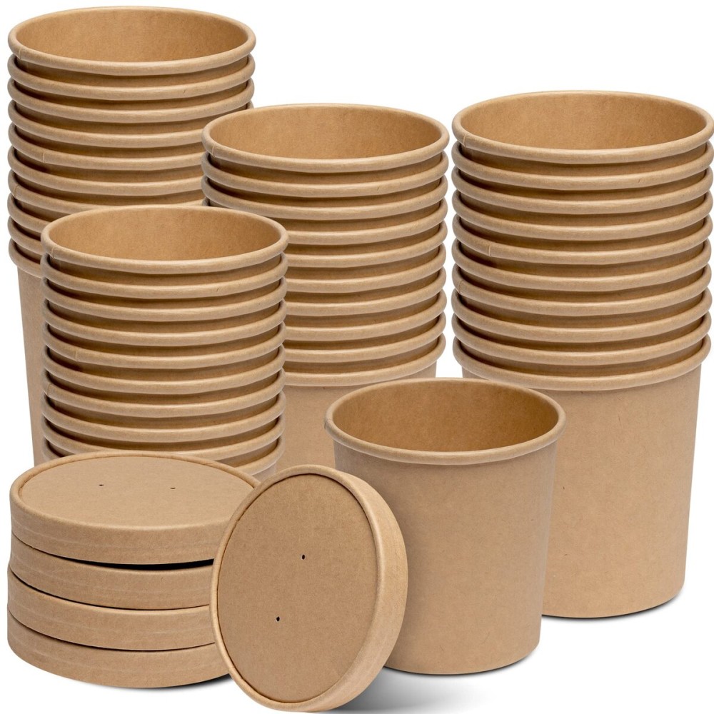 GUSTO [16 oz. - 50 Count Kraft Paper Food Containers with Vented Lids - To Go Hot Soup Bowls, Disposable Ice Cream Cups, Ideal for Hot and Cold Foods- (Formerly Comfy Package)