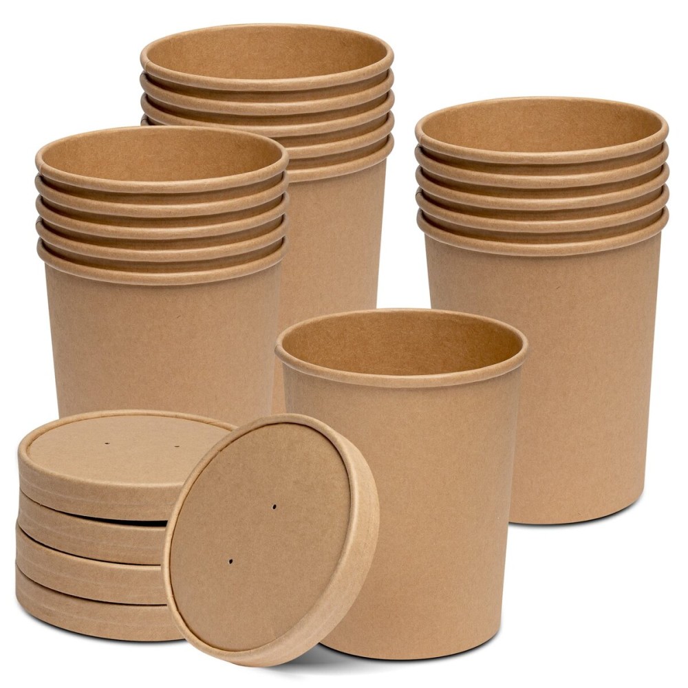 GUSTO [32 oz. - 25 Count Kraft Paper Food Containers with Vented Lids - To Go Hot Soup Bowls, Disposable Ice Cream Cups, Ideal for Hot and Cold Foods - (Formerly Comfy Package)