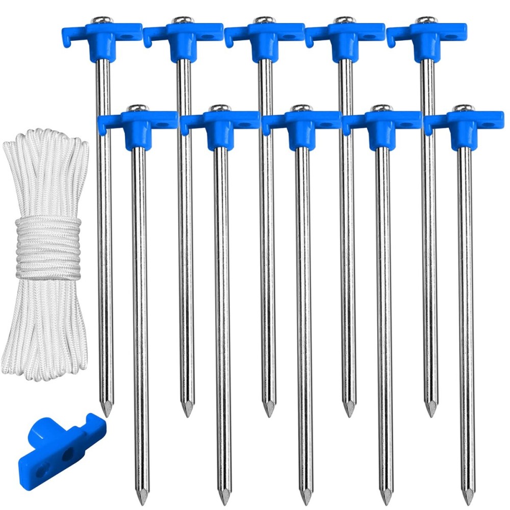 ABCCANOPY 11 Inch Tent Stakes 10 Pcs Non-Rust Metal Ground Anchors, Heavy Duty Spikes with 4 Ropes for Outdoor Camping, Blue