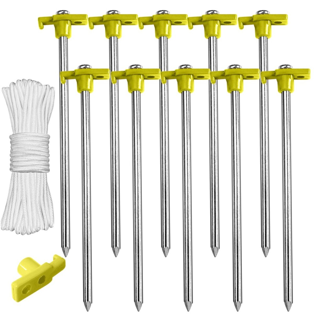 ABCCANOPY 11 Inch Tent Stakes 10 Pcs Non-Rust Metal Ground Anchors, Heavy Duty Spikes with 4 Ropes for Outdoor Camping, Yellow